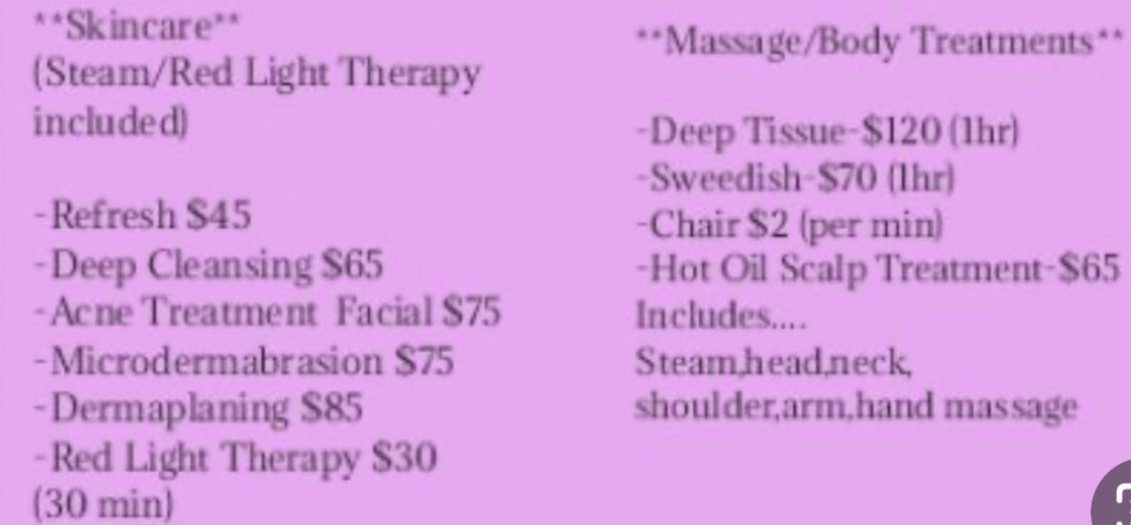 Price list for services